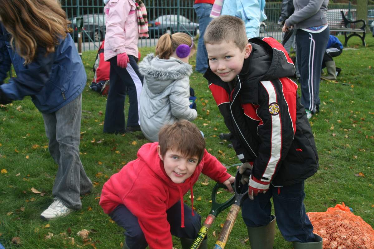 Children planting bulbs in the park